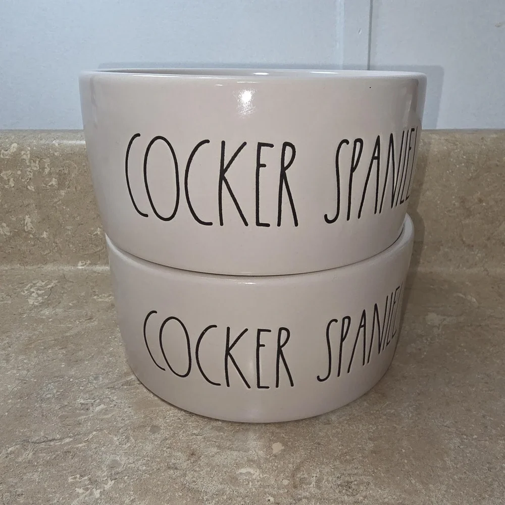 Rae Dunn Cocker Spaniel Pet Dog Bowls‎ Set Of 2 Stoneware White Dishwasher Safe